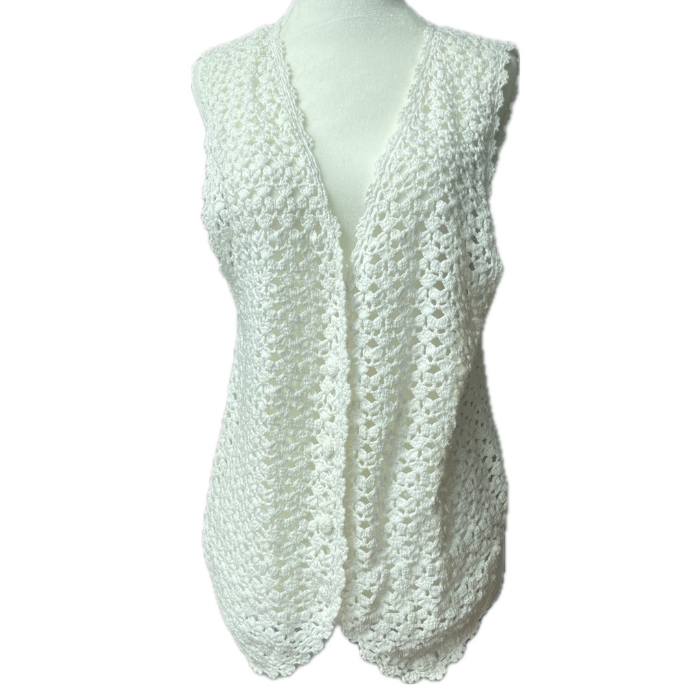 Vintage Willow Ridge Boho White Crochet Button up Vest 100% Cotton, Women’s Med